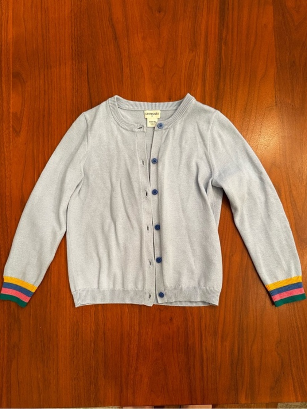 Crewcuts Light Blue Button Cardigan with Rainbow Cuff Detail size 4-5 (XS)